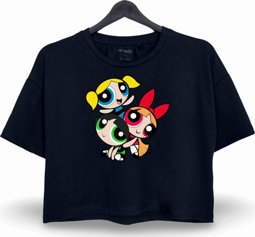 Powerpuff Girls Takımı Baskılı Oversize Crop Tişört