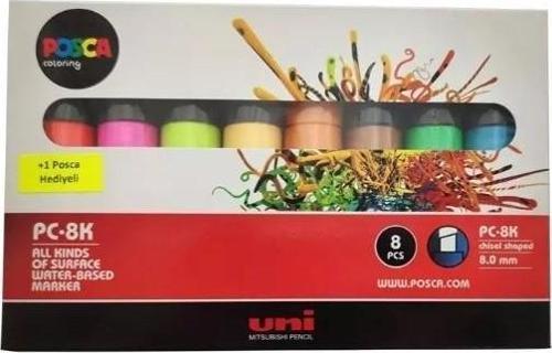 Posca Su Bazlı Boyama Kalemi 8.0 Poster Markörü 8.0 Mm Floresan Renk 7+1 Renk Set pc-8k/7+1p.02