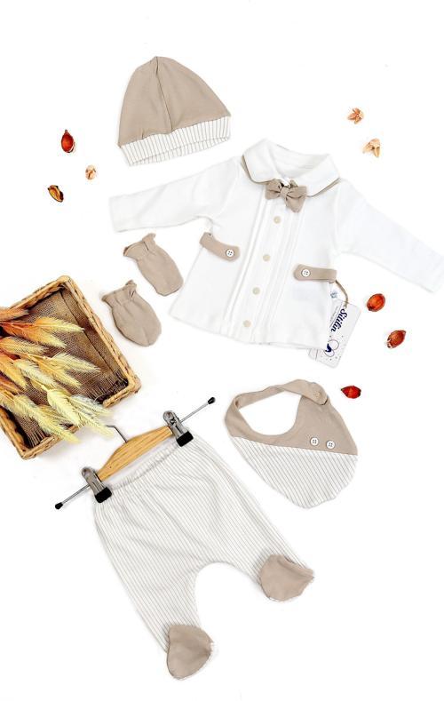 Erkek Bebek Pamuk Kumaş 5 Li işlemeli Lüks Hastane Çıkışı Seti STL6683