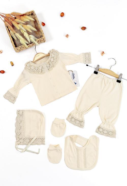 Kız Bebek Natural Pamuk Kumaş 5 Li Dantelli  Lüks Hastane Çıkışı Zıbın Seti STL6674