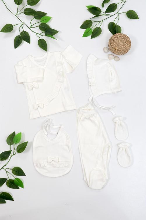 Kız Bebek Natural Pamuk Kumaş 5 Li Fiyonglu Lüks Süslü Hastane Çıkışı Seti STL6679