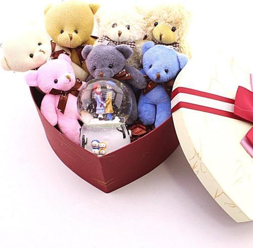 7 Mini Ayıcık Hediye Kutusu Sevgiliye Özel Kalp Kutu Içinde Kış Masalı Kar Küresi