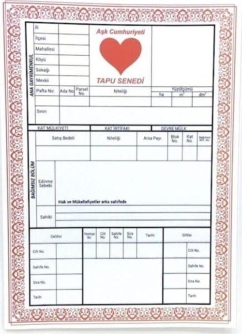 Dekoratif Sevgiliye Hediye Aşk Cumhuriyeti Tapusu Kalbimin Tapu Senedi