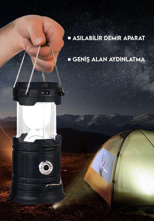 Şarjlı Kamp Lambası Siyah Kızaklı Kamp Feneri Led Lamba Güneş Enerjili Avcı Feneri Kamp Lambası Işık