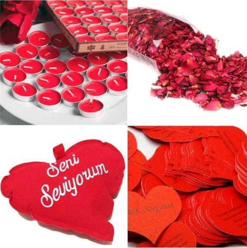 Sevgiliye 1000 Adet Kuru Gül 25 Adet Tealight Mum 365 Gün Söz Kartları Seni Seviyorum Yastık