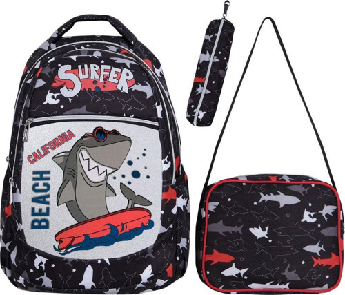 3'lü Okul Seti, Siyah Köpek Balığı Desenli Ilkokul Çantası + Beslenme Çantası + Kalemlik