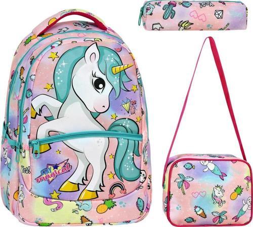 3'lü Okul Seti, Unicorn Desenli Ilkokul Çantası + Beslenme Çantası + Kalemlik