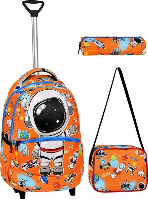 Çekçekli 3'lü Okul Seti, Astronot Desenli İlkokul Çantası + Beslenme Çantası + Kalemlik