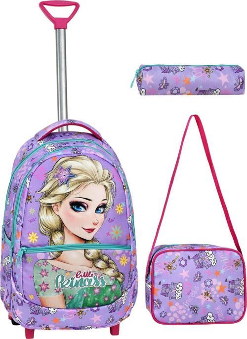 Çekçekli 3'lü Okul Seti, Frozen Desenli İlkokul Çantası + Beslenme Çantası + Kalemlik