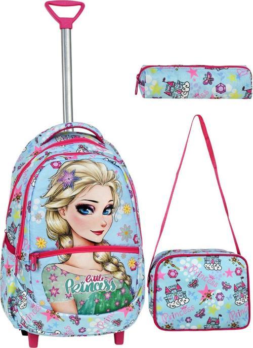 Çekçekli 3'lü Okul Seti, Frozen Desenli İlkokul Çantası + Beslenme Çantası + Kalemlik