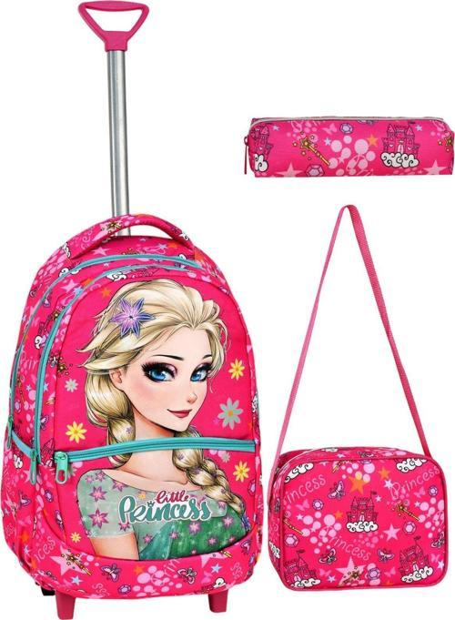 Çekçekli 3'lü Okul Seti, Frozen Desenli İlkokul Çantası + Beslenme Çantası + Kalemlik