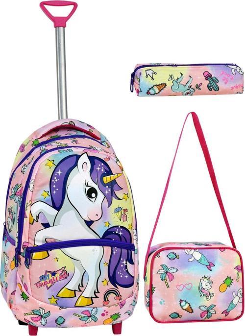 Çekçekli 3'lü Okul Seti, Unicorn Desenli İlkokul Çantası + Beslenme Çantası + Kalemlik