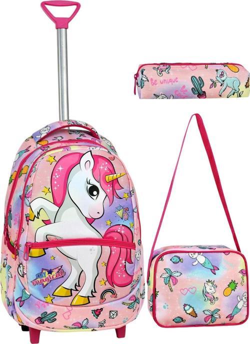 Çekçekli 3'lü Okul Seti, Unicorn Desenli İlkokul Çantası + Beslenme Çantası + Kalemlik