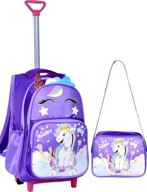 Çekçekli Mor Unicorn Baskılı, Ortopedik Sırt Özellikli, İlkokul Çantası + Beslenme Çantası