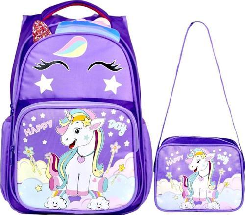 Mor Unicorn Baskılı, Su Geçirmez, Ortopedik Sırt Özellikli, İlkokul Çantası + Beslenme Çantası