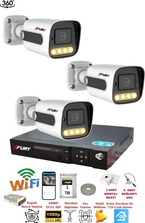 3 Kamera 1080P Görüntü Gece Renkli Full Hd 4xUltra Led Gece Renkli Güvenlik Kamera Seti 1TB