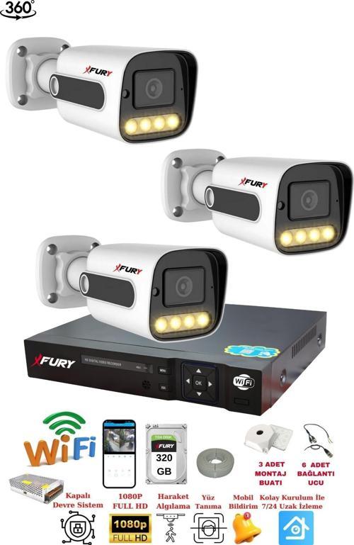 3 Kameralı 1080P Görüntü Gece Renkli Full Hd 4xUltra Led Gece Renkli Güvenlik Kamera Seti 320GB