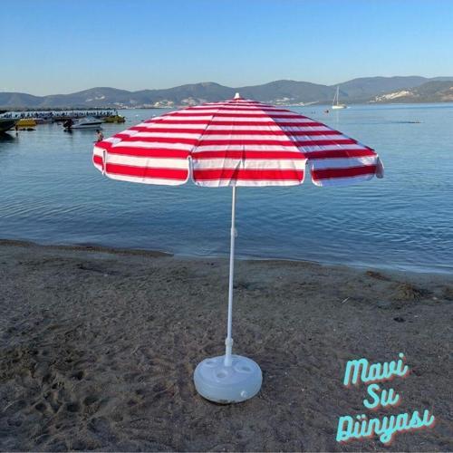 Plaj Şemsiyesi Pamuk Kumaş Kırmızı Renk Deniz, Balkon, Bahçe Bidon Dahil 2 Metre, 10 Telli
