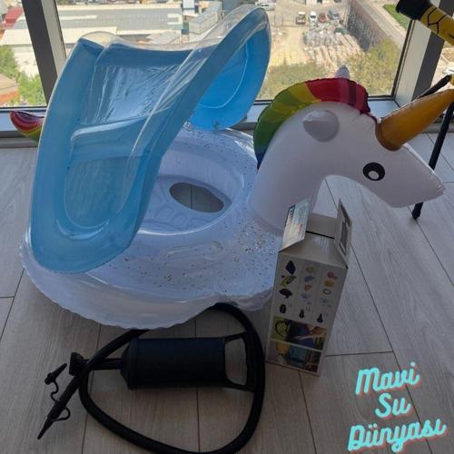 Pompa Hediyeli Gölgelikli Beyaz Renk Unicorn Bebek Deniz Simidi, Bebek Havuz Simidi, 0-4 Yaş 85cm