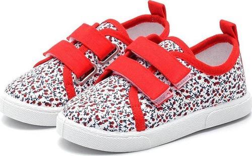 Çiçek Desenli Çift Cırtlı Keten Spor Çocuk Ayakkabısı-KIRMIZI-F-498