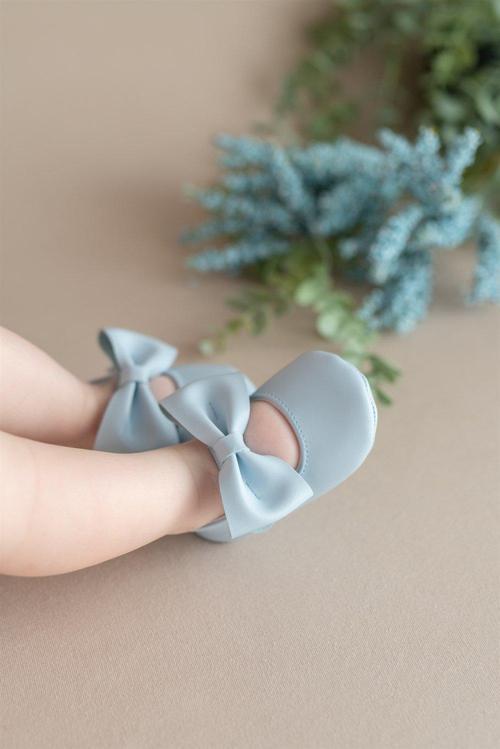 Mavi Kız Bebek Suni Deri Fiyonklu Babet Patik İlk Adım Ayakkabısı