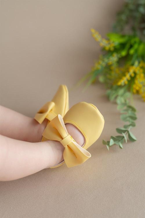 Sarı Kız Bebek Suni Deri Fiyonklu Babet Patik İlk Adım Ayakkabısı