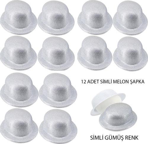 Gümüş Renk Simli Melon Yuvarlak Parti Şapkası 12 Adet