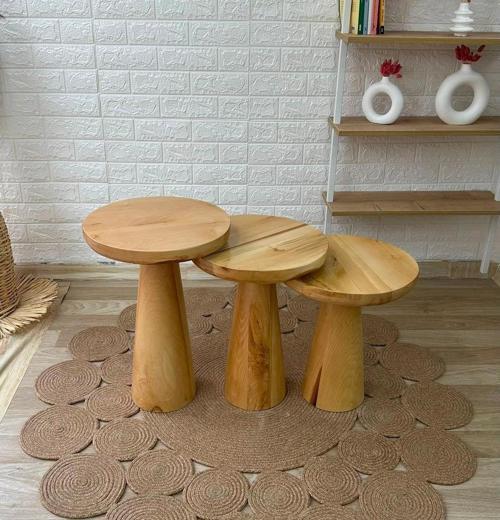Asedia 3'lü Mushroom Zigon Sehpa Naturel Ahşap Mantar Sehpa