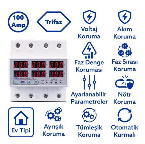 Ayrışık Kontrollü Voltaj ve Akım Koruma Rölesi Gerilim Koruyucu 100A 3 Fazlı - Ev Tipi Trifaz