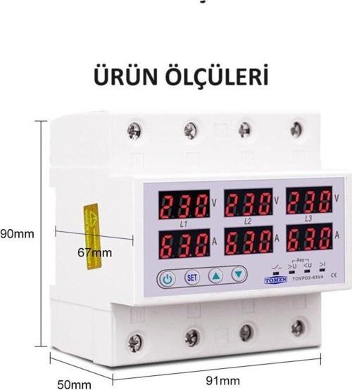 Gerilim Ve Akım Koruma Rölesi Voltaj Koruyucu 63A 3 Fazlı - Ev Tipi - Ayrışık Faz Koruma