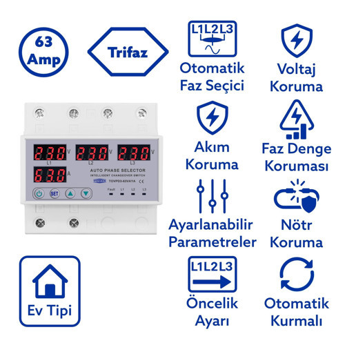 Otomatik Faz Seçici ve Yüksek Alçak Voltaj Akım Koruma Rölesi 63A Dahili Kontaktör