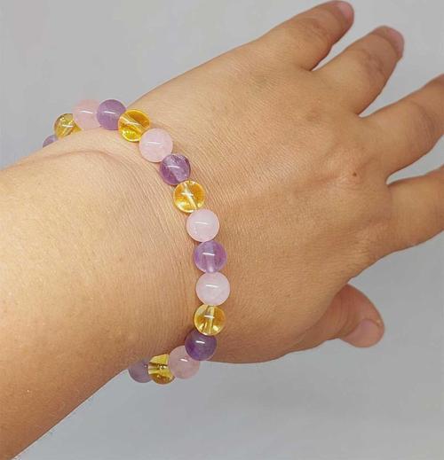 Ametist & Pembe Kuvars & Sitrin Tasarım Bileklik 8mm (52398)