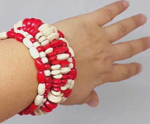 Ahşap Kırmızı ve Beyaz Renk Hafızalı Otantik Bileklik (51972)