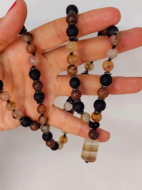 Akik - Hematit - Lav Taşı & Venge Ağacı Tasarım Unisex Kolye (44360)