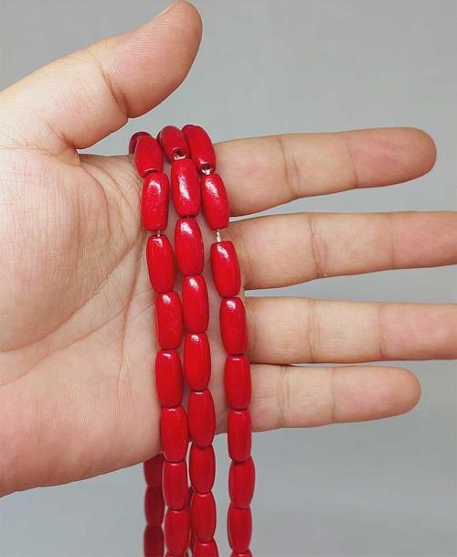 Bileklik Boy Ahşap Silindir Kesim Yarım Dizi 7*14mm Kırmızı (51428) (18CM UZUNLUĞUNDADIR)