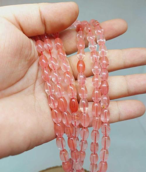 Bileklik Boy Gül Kuvars Taşı Arpa Kesim Yarım Dizi 6*8.5mm (51306) (18CM UZUNLUĞUNDADIR)