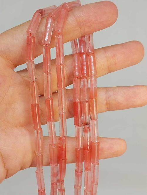 Bileklik Boy Gül Kuvars Taşı Silindir Kesim 4x12.5mm Yarım Dizi (49386) (18CM UZUNLUĞUNDADIR)