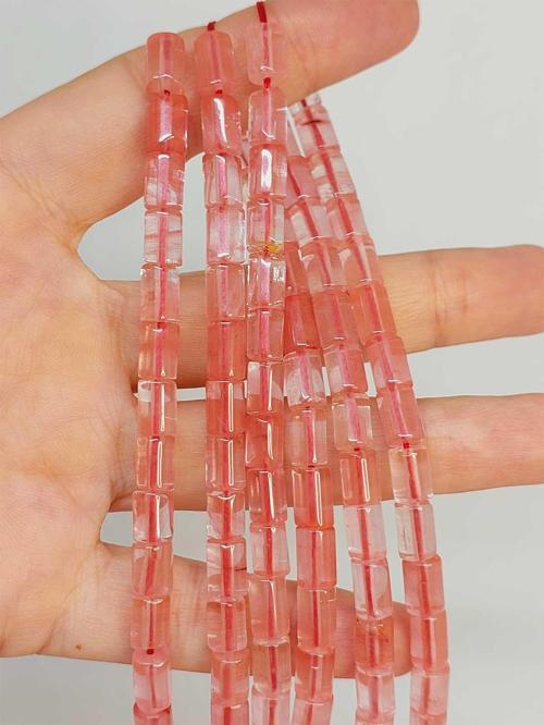 Bileklik Boy Gül Kuvars Taşı Silindir Kesim 5.5x7.5mm Yarım Dizi (49312) (18CM UZUNLUĞUNDADIR)