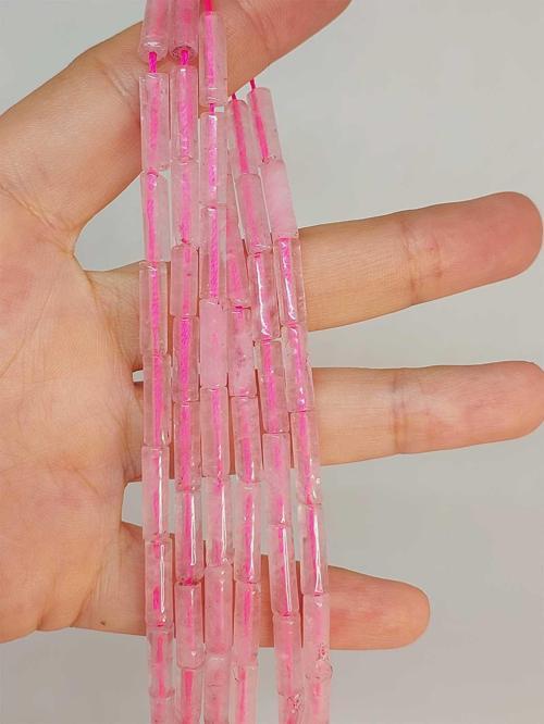 Bileklik Boy Pembe Kuvars Taşı Silindir Kesim 4x12.5mm Yarım Dizi (49376) (18CM UZUNLUĞUNDADIR)
