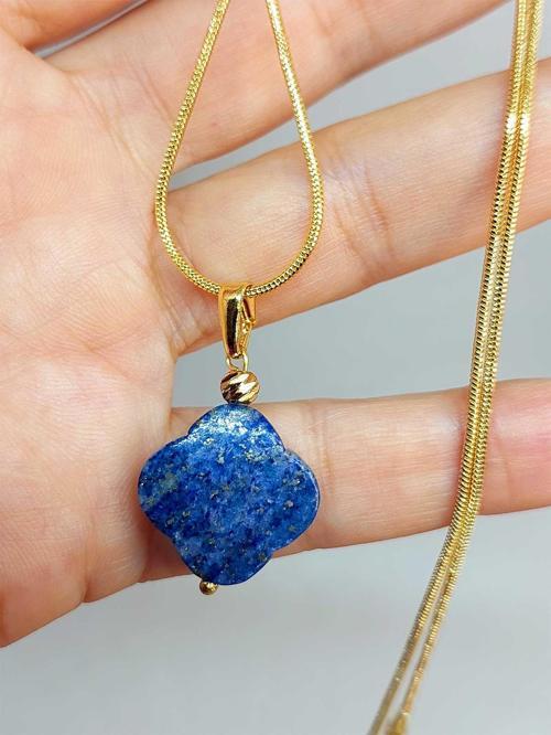 Lapis Taşı Kolye Ucu Yonca Temalı Altın Kaplama Zincirli (49800)