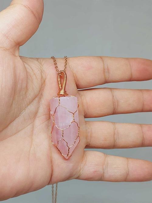 Pembe Kuvars Bakır Malzemeli El Örgüsü Özel Pandül Sarkaç (Kolye Ucu) (51336)