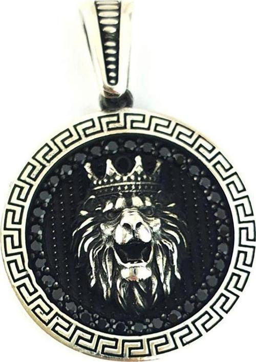 Aslan Figürlü Oniks Taşlı 925Ayar Gümüş Tasarım Madalyon Kolye Ucu