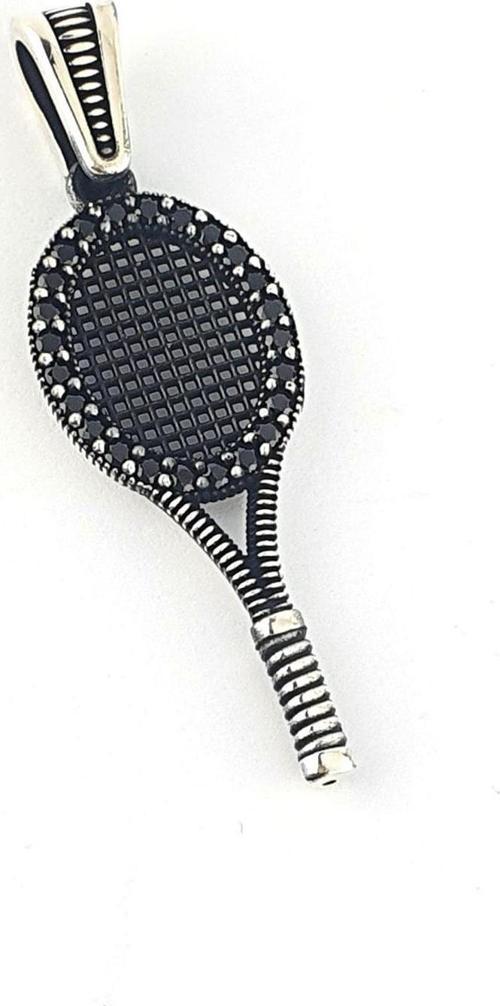 Oniks Taş Detaylı 925Ayar Gümüş Tasarım Tenis Raketi Kolye Ucu