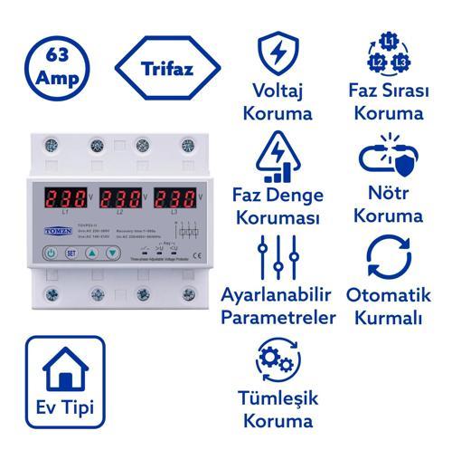 Voltaj Koruma Rölesi Koruyucu Röle 220V 63A 3 Fazlı - Ev Tipi Trifaz