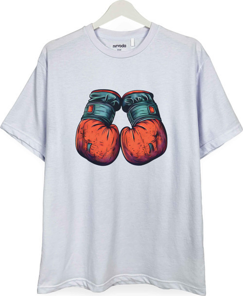 Boks Eldiveni Baskılı Loose Fit Bisiklet Yaka Unisex Tişört
