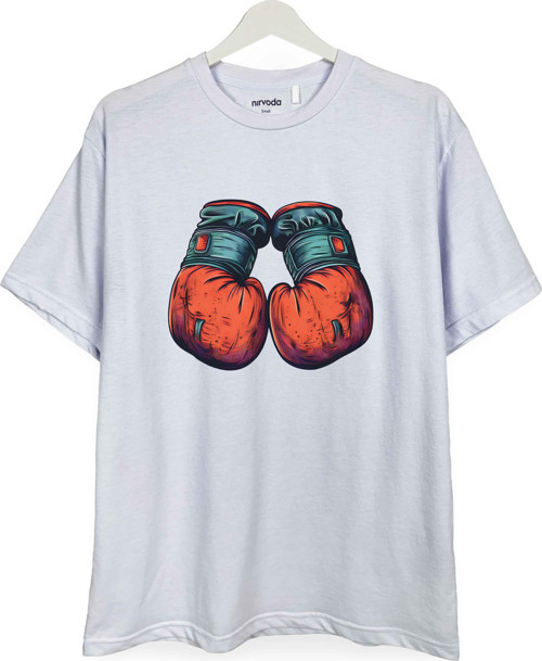 Boks Eldiveni Baskılı Loose Fit Bisiklet Yaka Unisex Tişört