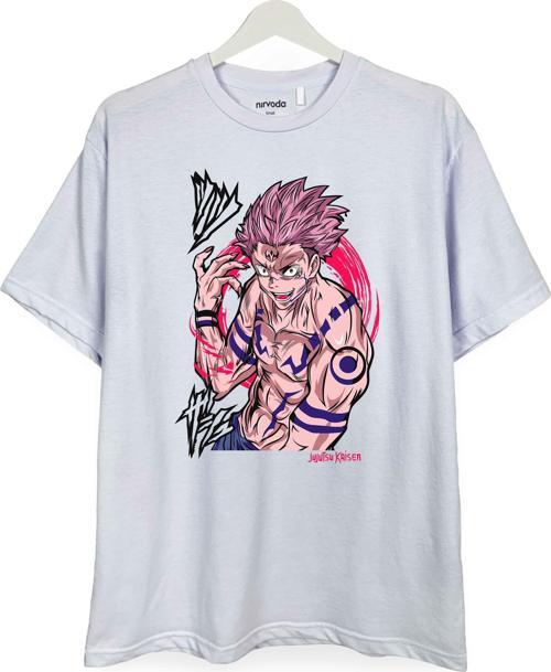 Sukuna Jujutsu Kaisen Çizim Renkli Baskılı Loose Fit Bisiklet Yaka Unisex Tişört Anime Manga