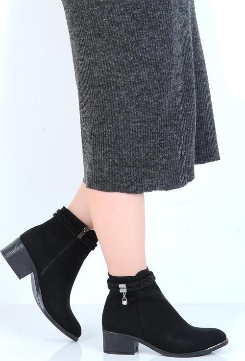 23-8019 Kösem Siyah Süet 5Cm Topuklu Kadın Bot