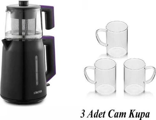 Çay Makinesi Siyah Plastik Gövde 3 Adet Borosilkat Cam Kupa