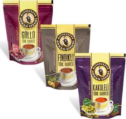 Orhan Efendi Keyif Paketi 2 Güllü + Kakuleli +Fındıklı Türk Kahvesi 3 x 100 Gr